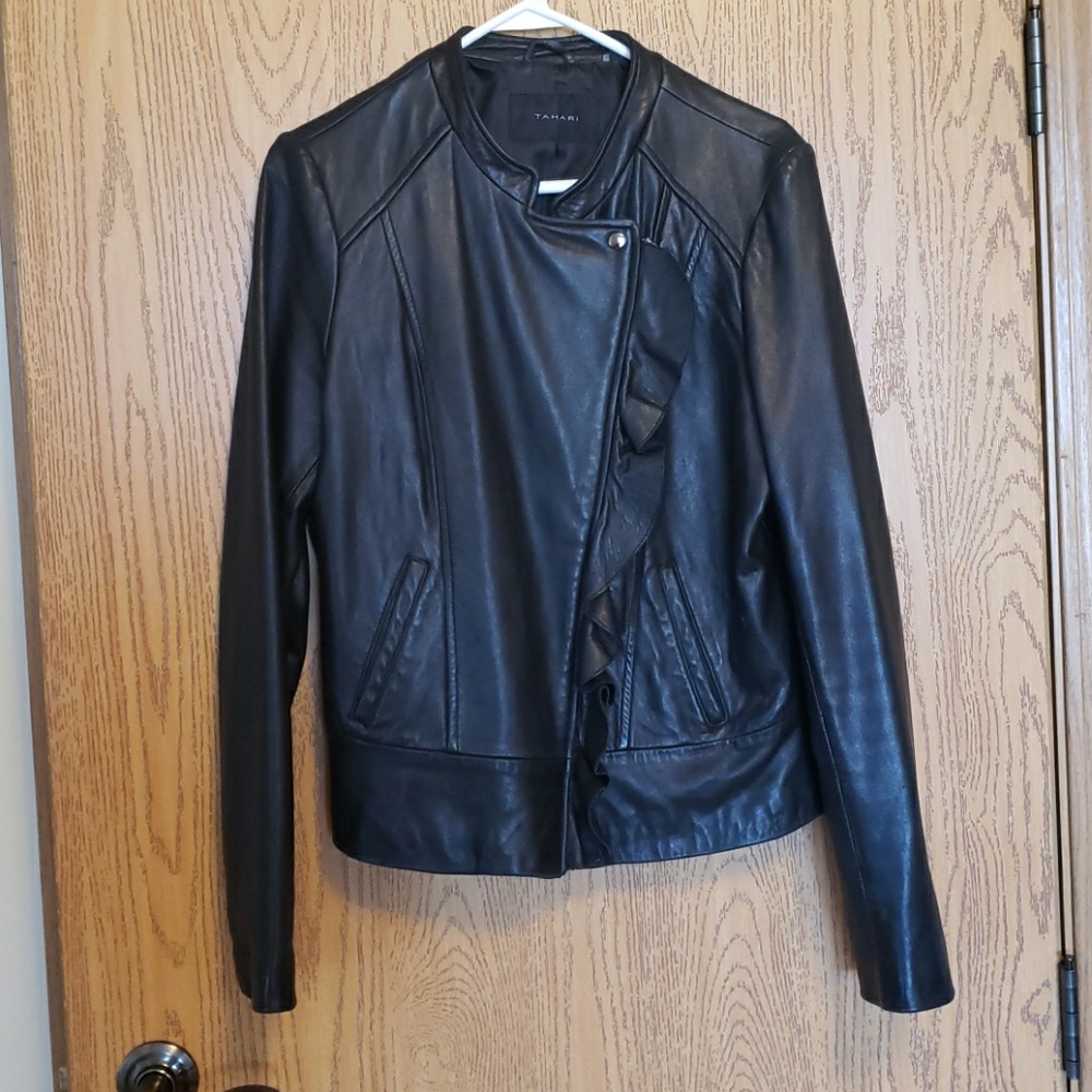 Tahari ruffle moto jacket butter soft leather!